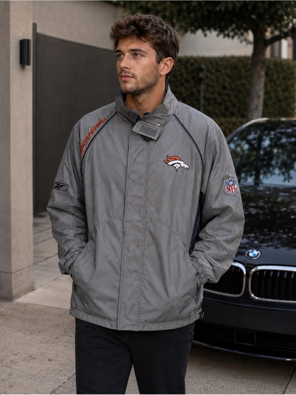 NFL Gray Denver Broncos Windbreaker Raincoat with Team Logos